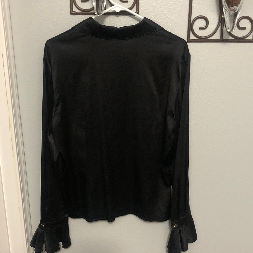 StJohn SILK Elegant sz10 Black Cascading RUFFLE button front long Slv BLOUSE EUC - Picture 3 of 5